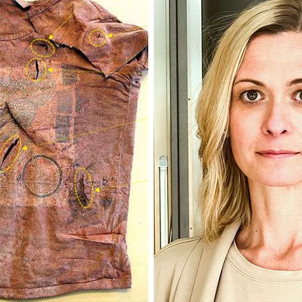 Till vänster: En blodig tröja med flera hål från en kniv. Till vänster: Malin Axelsson, åklagare vid åklagarkammaren i Linköping.