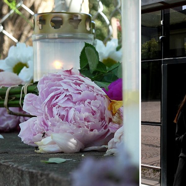 närbild på blommor och gravljus som hedrar förskolebarnet som drunknat, samt en bild på ung kvinnlig reporter med mikrofon utanför tingsrätten