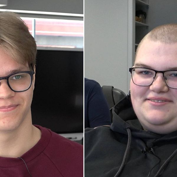 Montage av två bilder. Till vänster syns Fredrik Pettersson, till höger Madelen Alfredsson. Båda är elever på Bona folkhögskola i Motala där lärarna har infört undervisning med AI.