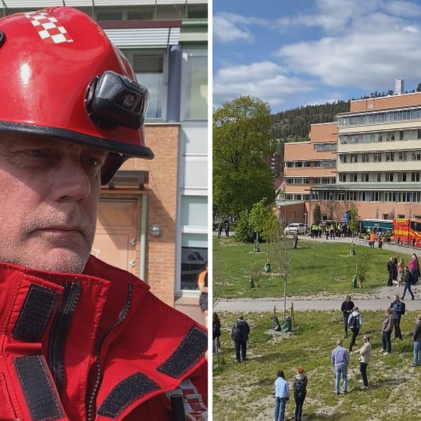 Bilden är ett montage. Till vänster syns insatsledaren Tommy Lindgren, han har räddningstjänstens kläder på sig som är röda. Han har en röd hjälm. Till höger syns utsidan av kontorsbyggnaden som evakuerats. Polisbilar och räddningstjänstens fordon syns på bilden.