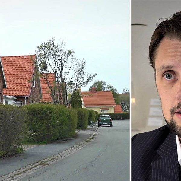 Villagata med tegelhus i Östersund. Gröna höga häckar framför.
