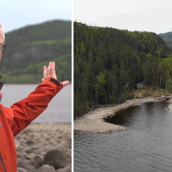 Till vänster står SVT Nyheter Jämtlands reporter Fredrik Lundmark vid sjön Gesunden i Ragunda kommun. Till höger är en bild på Tjärnviksdalen – vattendrag med sandstrand och skog.