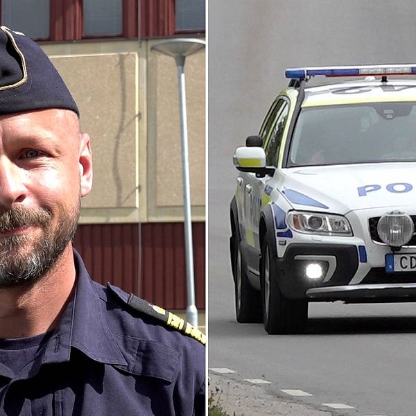 Bild på lokalpolisområdeschef August Knutsson till vänster, iklädd poliskläder. Bild på polisbil till höger.