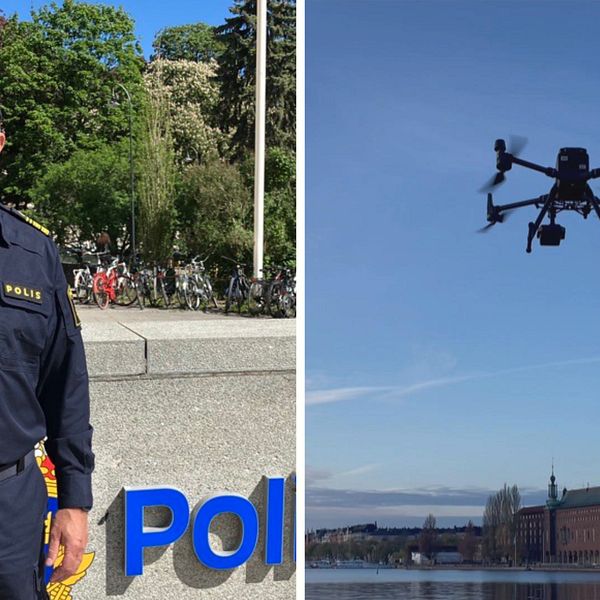 Stefan Singman, chef för Polisens sektion för kamerabevakning, till vänster, iklädd polisuniform och en bild på en drönare, till höger, som flyger i luften framför Stockholms stadshus.