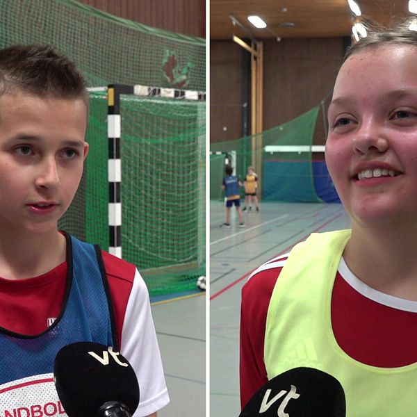 Tvådelad bild. till vänster en ung handbollsspelare, Bruno Palameta, och till höger Amalia Karlsson.