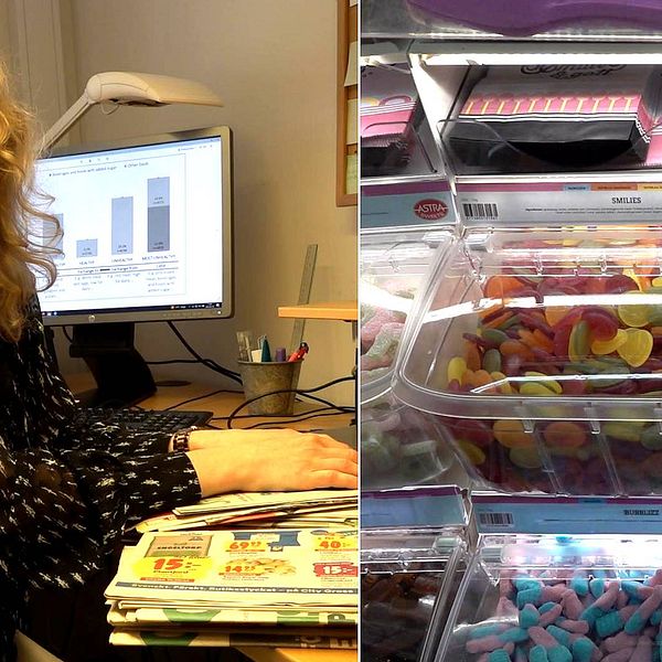 lösviktsgodis, färglada godisar, forskningsassistenten Melissa Mjöberg sitter vid skrivbordet och har reklamblad framför sig.
