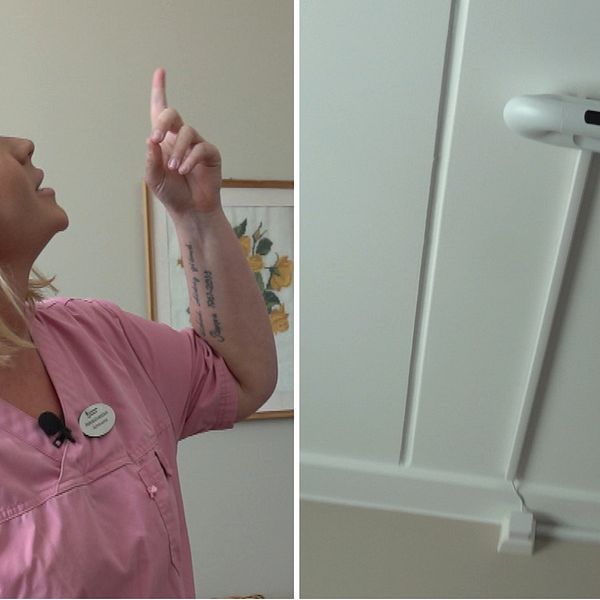 Kollage: Ida Amérus, undersköterska och metodutvecklare i Sundsvall, står inne på ett av äldreboendet Norra Kajens rum och pekar mot taket. I taket sitter den sensor som ska larma om någon faller.