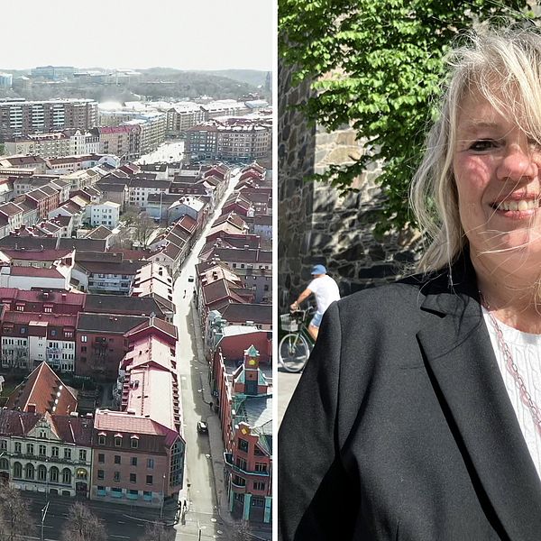En tvådelad bild. Till vänster en bild på Göteborg ovanifrån och till höger en bild på Christina Ceder, en blond kvinna som ser glad ut.