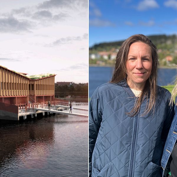 Jenny Sandström, ordförande och Maria Svensson Wiklander styrelseledamot  i föreningen Storsjöns kallbadhus står på ön mellan Frösön och Östersund och intervjuas av SVT.