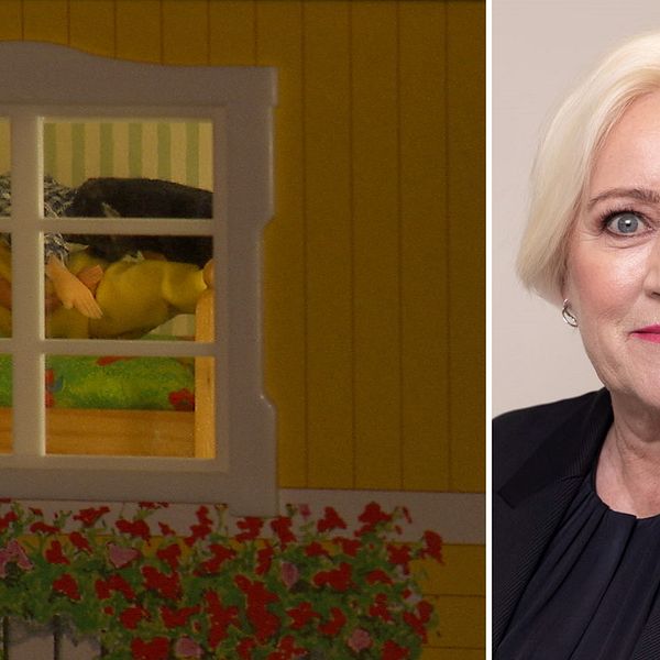 Tvådelad bild: Ett dockhus där dockorna innanför fönstret är arrangerade som att de har sex, samt Sveriges barnombudsman Elisabeth Dahlin fotograferad i porträtt.