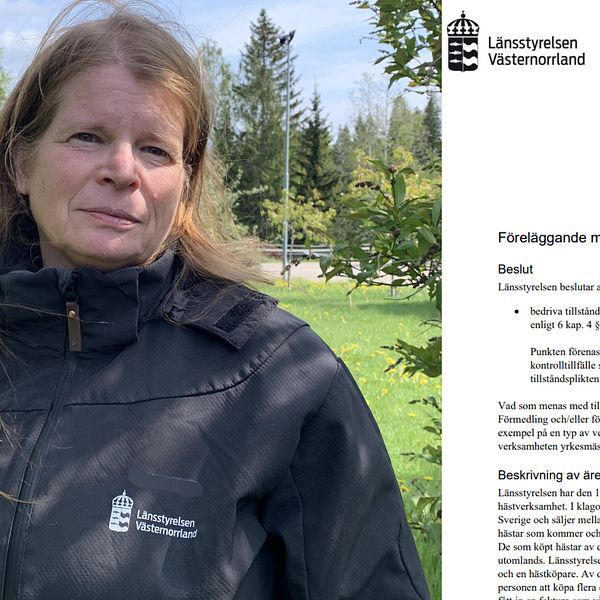 Bilden är ett montage av veterinären Helen som står utomhus med en svart jacka. Till höger är det en skärmdump på länsstyrelsens beslut. Där det står att kvinnan föreläggs med vite enligt djurskyddslagen.