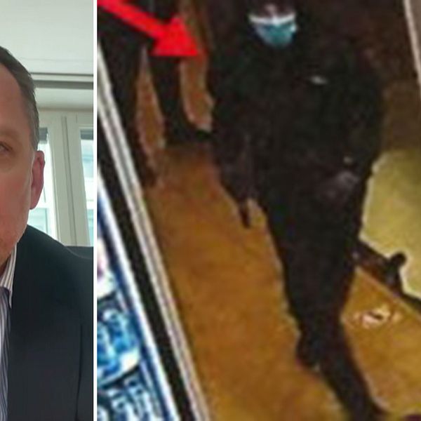 Åklagare Daniel Sunesson berättar om hovrättens dom mot tonåringen. Till höger i bild övervakningsfoto på den maskerade mördaren inne på gymmet i centrala Stockholm.