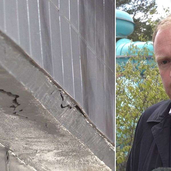 Delad bild. Till vänster sprucken balk på Storsjöbadet. Till höger Niklas Daoson (S), kommunstyrelsens ordförande i Östersund. Han är rödlätt har skäggstubb och är klädd i svart jacka och ljusblå skjorta.