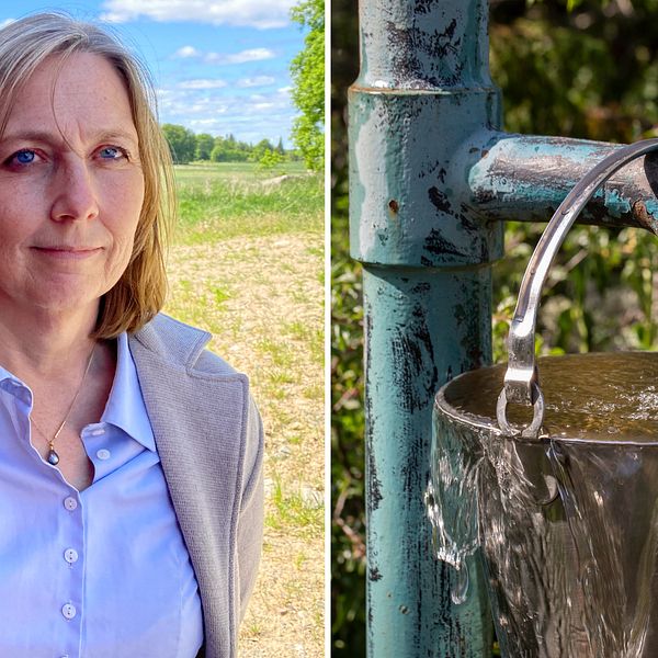 Delad bild med en vattenpump och Ann-Charlotte Duvkär, vd Mälarenergi Vatten.