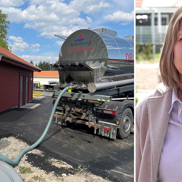 Delad bild med tankbil och Ann-Charlotte Duvkär, vd Mälarenergi Vatten.