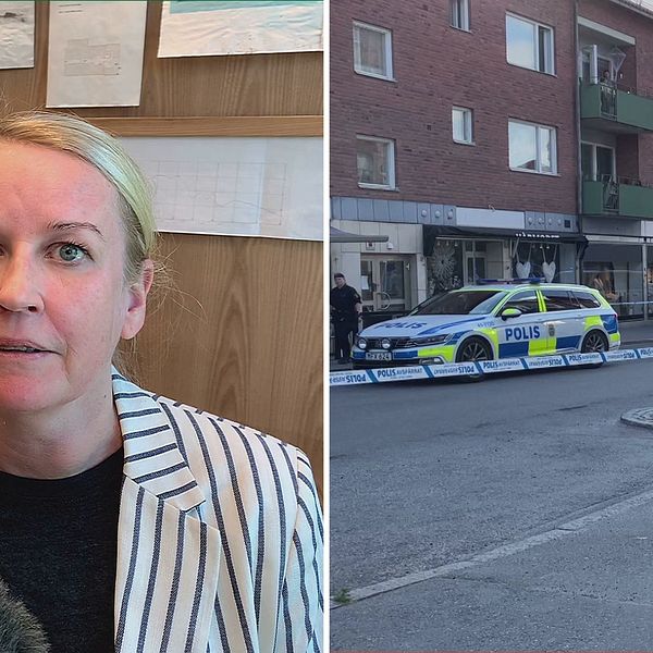 Delad bild. Till vänster Åklagare Åsa Kullgren, till höger avspärrningar på gata i Strängäs