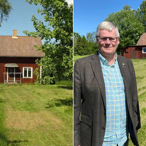 Till vänster ett rött ödehus på landet. till höger en man i kavaj och en kvinna i grön blus