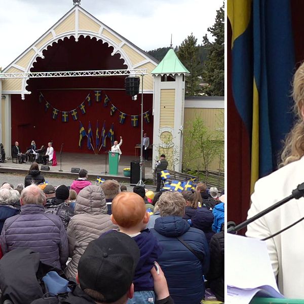 Till vänster: Fullsatt läktare när Eva Röse talar på scenen på Jamtli på nationaldagen. Till höger: Bild på Eva Röse framför mikrofonen, en svensk flagga i bakgrunden.