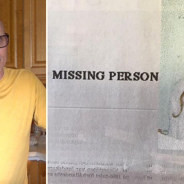 Bilden är ett montage. Till vänster syns Reidar Hagner, han står inomhus och har en gul t-shirt på sig. Han har glasögon och tittar inte in i kameran. TIll höger är en bild som FBI tagit, där står det ”Missing Person” tillsammans med en bild på Ylva Hagner.