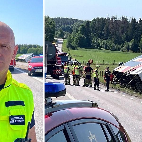 En person. Trafikolycka, buss ligger vält, väg, räddningspersonal