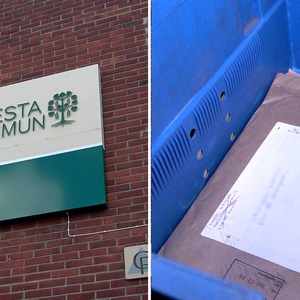 Bild på kommunskylt av Gnesta kommun, samt ett paket i en blå låda.