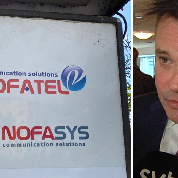 Företagsskylt med loggor för Nofatel och Nofasys. Magnus Pettersson, vd för Nofatel, i närbild. Saltö, Karlskrona.