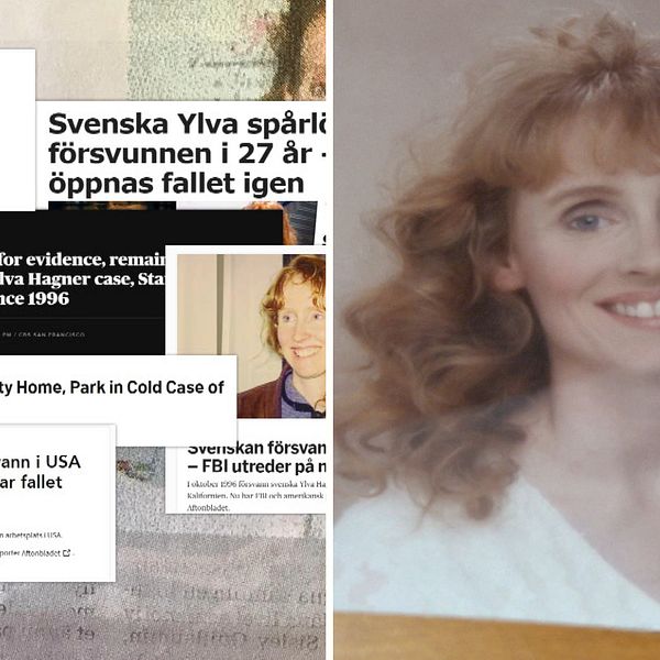 Bilden är ett montage. Till vänster syns flera skärmklipp från amerikanska och svenska medier som skriver om sökinsatserna. Till höger syns en bild på Ylva Hagner som Reidar Hagner har hemma hos honom.