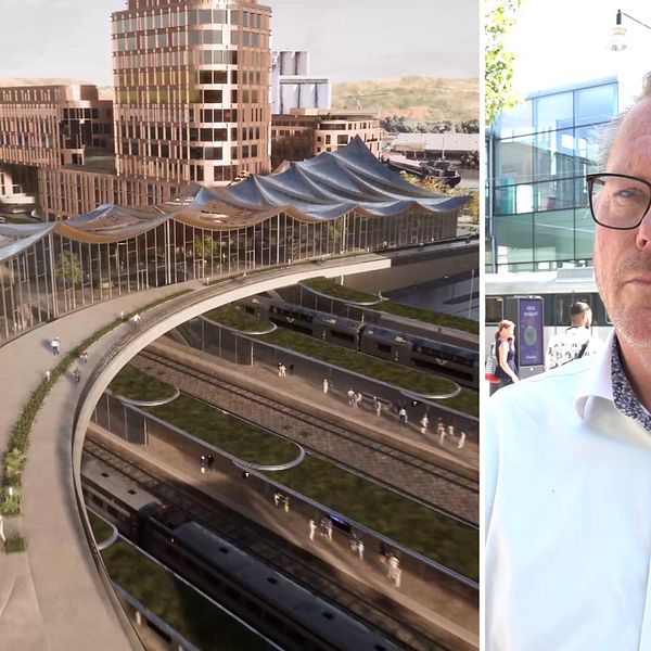 Designskiss över nytt resecentrum i Västerås. Staffan Jansson, kommunstyrelsens ordförande i Västerås.