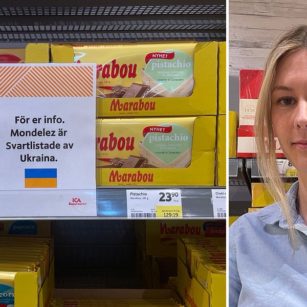 Mondelez, lapp om ukrainska svartlistan, handlaren Julia Nordevik med Mondelez varor i bakgrunden