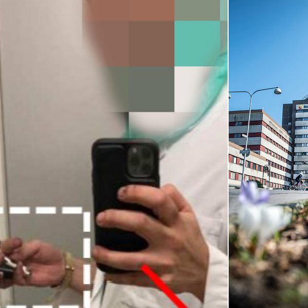 Kirurg med blurrat ansikte iklädd kirurgkläder håller i en pipa avsedd för att röka heroin. Till höger: Lunds universitetssjukhus.