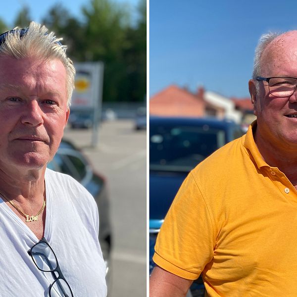 Bilägarna Sven-Åke Thunholm och Mikael Karlsson på en parkering, ler in mot kameran.