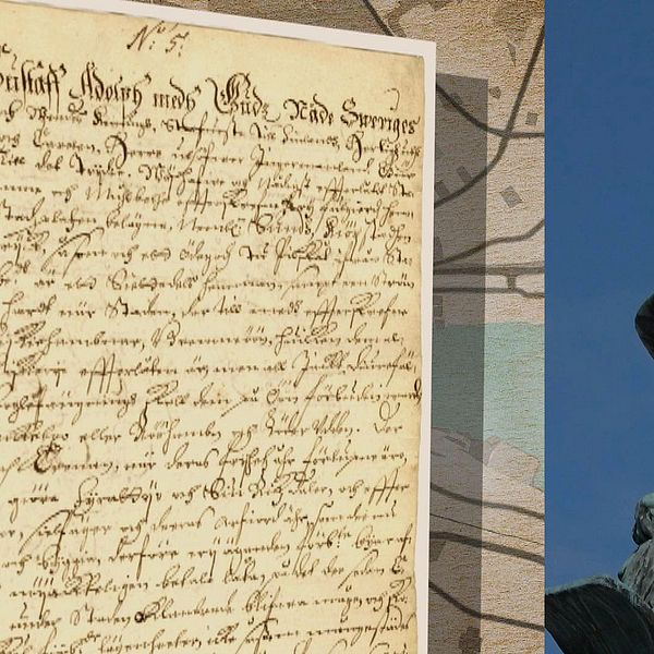 Stadens grundare Gustaf II Adolf, en mås, samt det stadsprivilegiebrev kungen undertecknade 1624, tre år efter grundandet av Sundsvall