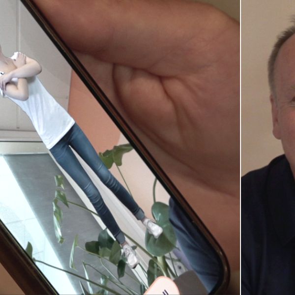 Telefon i närbild med en animerad kvinna som gör träningsövning. Splitbild till höger en leende man.