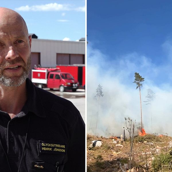 Henrik Jönsson, olycksutredare på räddningstjänsten, en man med kort skägg står framför några brandbilar vid brandstationen i Östersund tillsammans med en bild från en skogsbrand där det ryker över ett hygge.