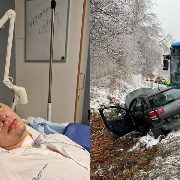 Ludwig Andersson ligger i sjukhussäng. Bild från trafikolyckan mellan personbil och buss i Lerum.