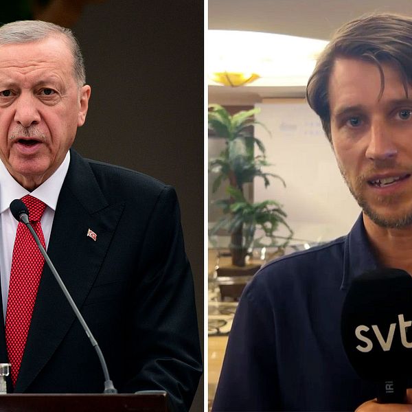 Turkiets president Recep Tayyip Erdogan bredvid bild på SVT:s Turkietkorrespondent Tomas Thorén.