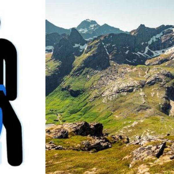 till vänster skiss över hur bajspåsen ska användas; till höger Lofotoddens nationalpark med en vandrare i förgrunden