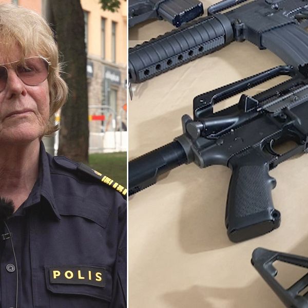 Kollage med en polis och en bild på vapen