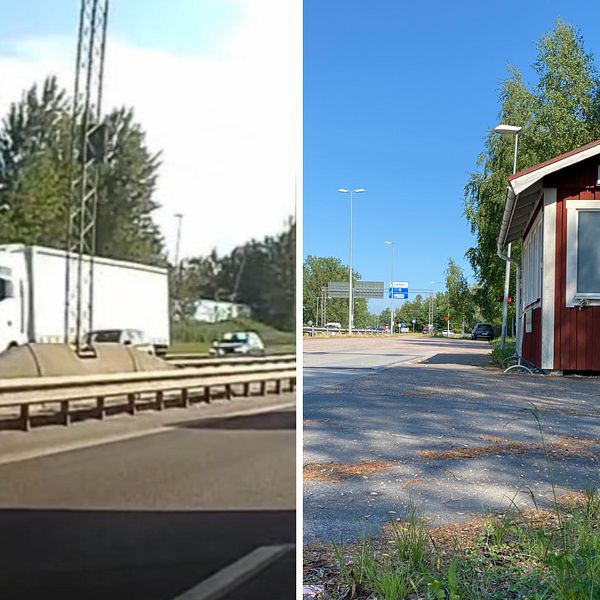 En lastbil som transporteras och en bild på en poliskontrollplats i Nyköping.