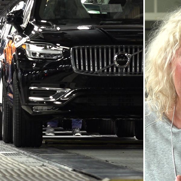 Varumärkesforskaren Eva Ossiansson vid Göteborgs univeritet tillsammans med en bild från bandet på volvos fabrik i Torslanda.