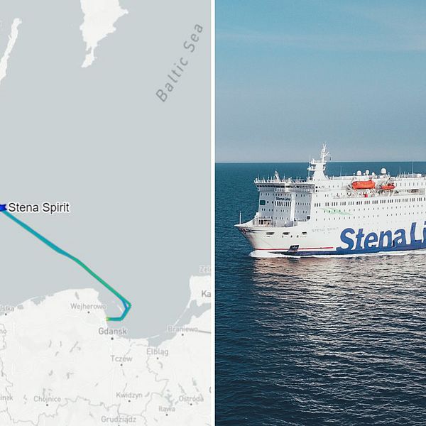 Tvådelad bild, till vänster en karta från Marinetraffic. Till höger en pressbild från Stena Line på fartyget Stena Spirit som trafikerar Polen-Sverige.
