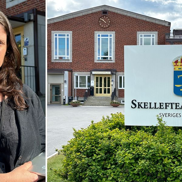 delad bild: porträttbild med Linnea Hedström – en mörkhårig kvinna – samt skylt utanför Skellefteå tingsrätt