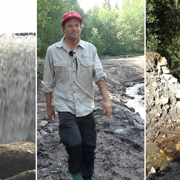 Tre delad bild, dels på ett vattenfall, en man som går, och ett vattendrag där lämningar efter en mur finns kvar.