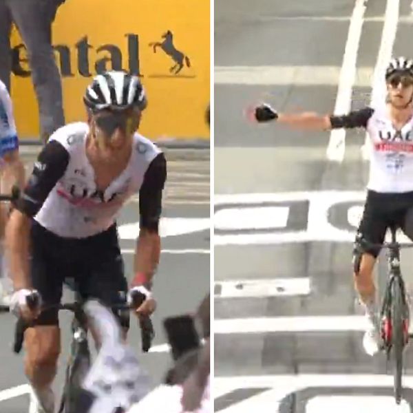 Här vinner Adam Yates den första etappen i Tour de France – mot tvillingbrodern