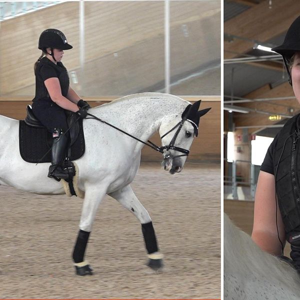 Ryttaren Linnea Henrysson från Ronneby vann SM-guld i paradressyr med sin vita häst Marocko.