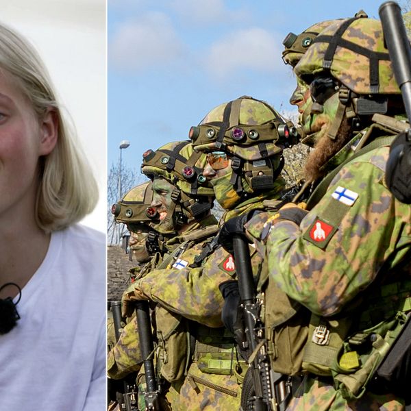 Vasemmalla varusmiespalveluksen aloittava Katja Salmi. Oikealla suomalaisia sotilaita Oskarshamnissa Aurora 23 -harjoituksessa toukokuussa 2023.