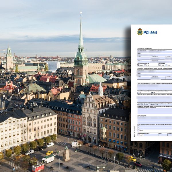 Bild över Stockholm i ett montage med en ansökan till polisen.