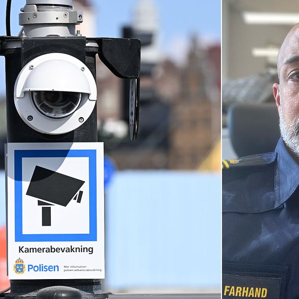 Kollage med övervakningskamera till vänster och porträttbild på polis till höger.