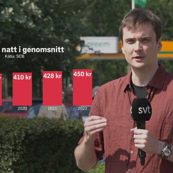 SVT:s reporter med en bensinmack i bakgrunden och staplar med statistik i förgrunden.