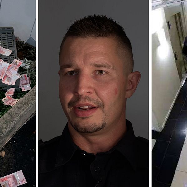 Bild på kontanter på marken. Bild på polisens insatsledare Niclas Lundström. Bild på en man inne i en hotellkorridor från en övervakningskamera.